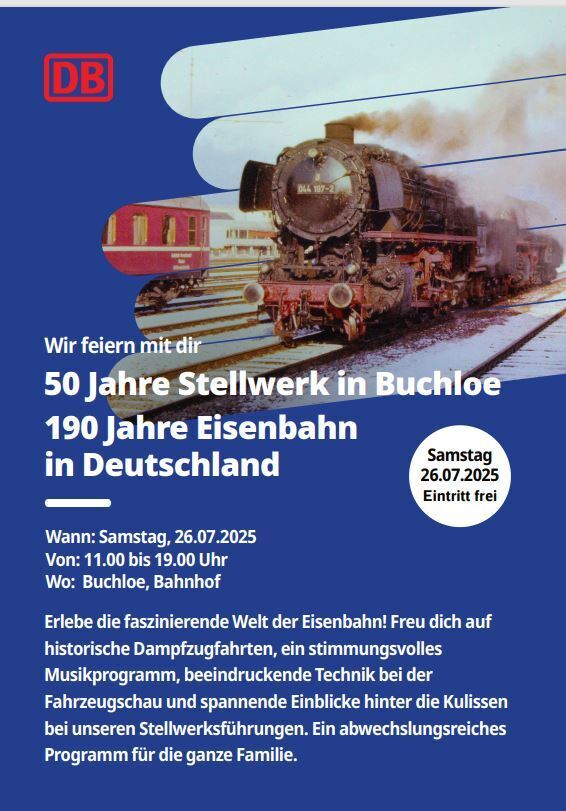 Die Veranstaltung findet am **26.07. von 11 – 17 Uhr** statt am Bahnhof in Buchloe mit **Zugtaufe eines BRB-Zuges und buntem Rahmenprogramm**, wie beispielsweise Stellwerksbesichtigung, Dampfzug-Pendelfahrten nach Kaufbeuren und Live-Musik. 