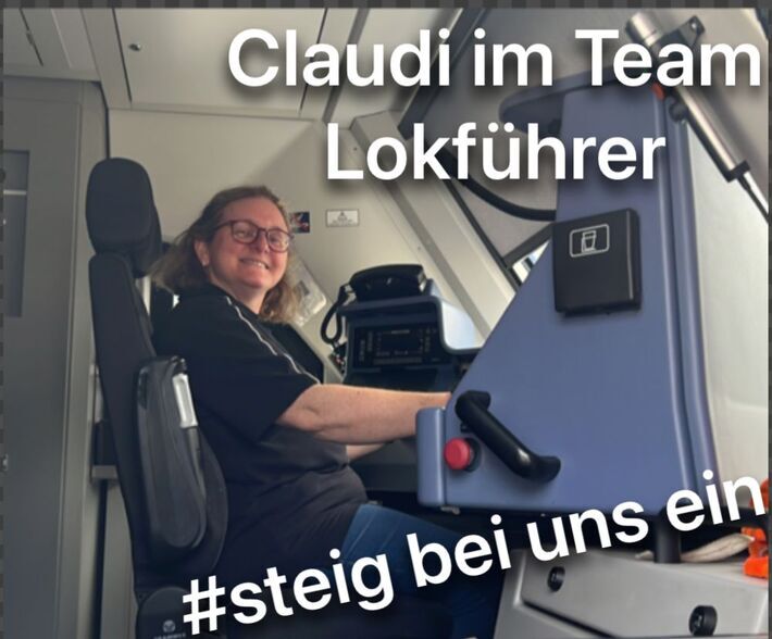 Claudia im Führerstand eines LINT Zuges.