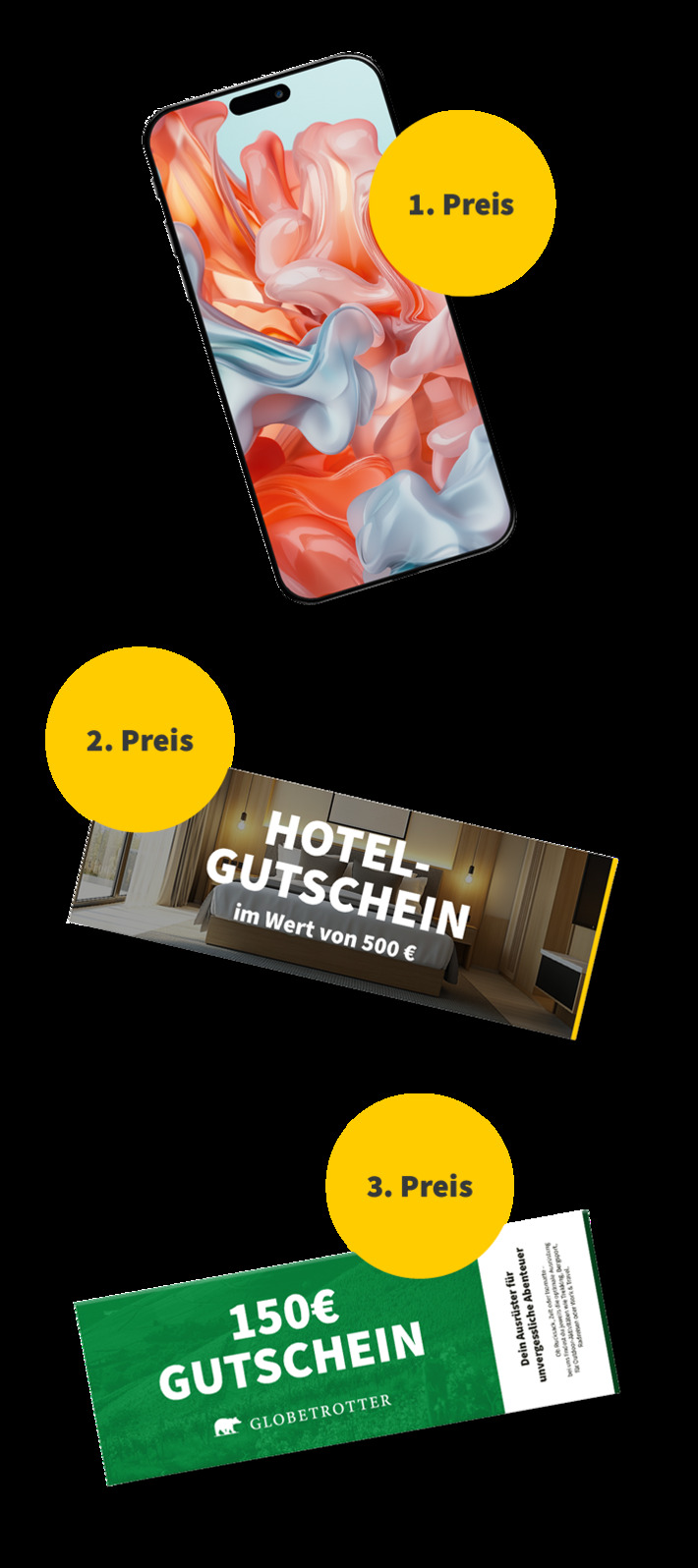 Der Hauptgewinn: Ein iPhone 16 Pro Max; 2. Preis: ein Hotelgutschein im Wert von 500 EUR; 3. Preis: Ein Gutschein für Globetrotter im Wert von 150 EUR