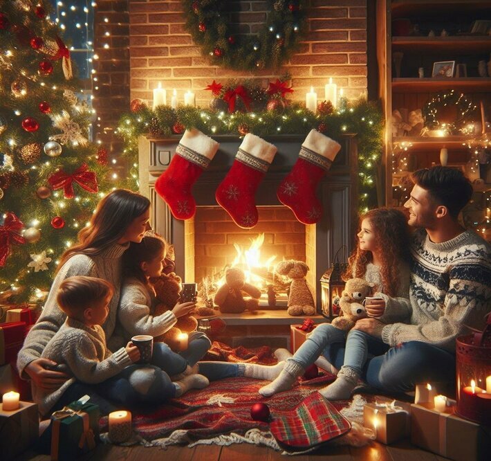 Familie an Weihnachten vor Kamin