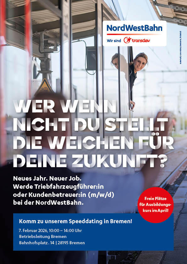 Die NordWestBahn lädt ein zum Speeddating: am 7. Februar 2026 in Bremen. 