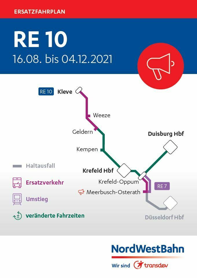 Ersatzfahrplan der NordWestBahn für den RE 10 "Niers-Express" vom 16. August bis 4. Dezember 2021