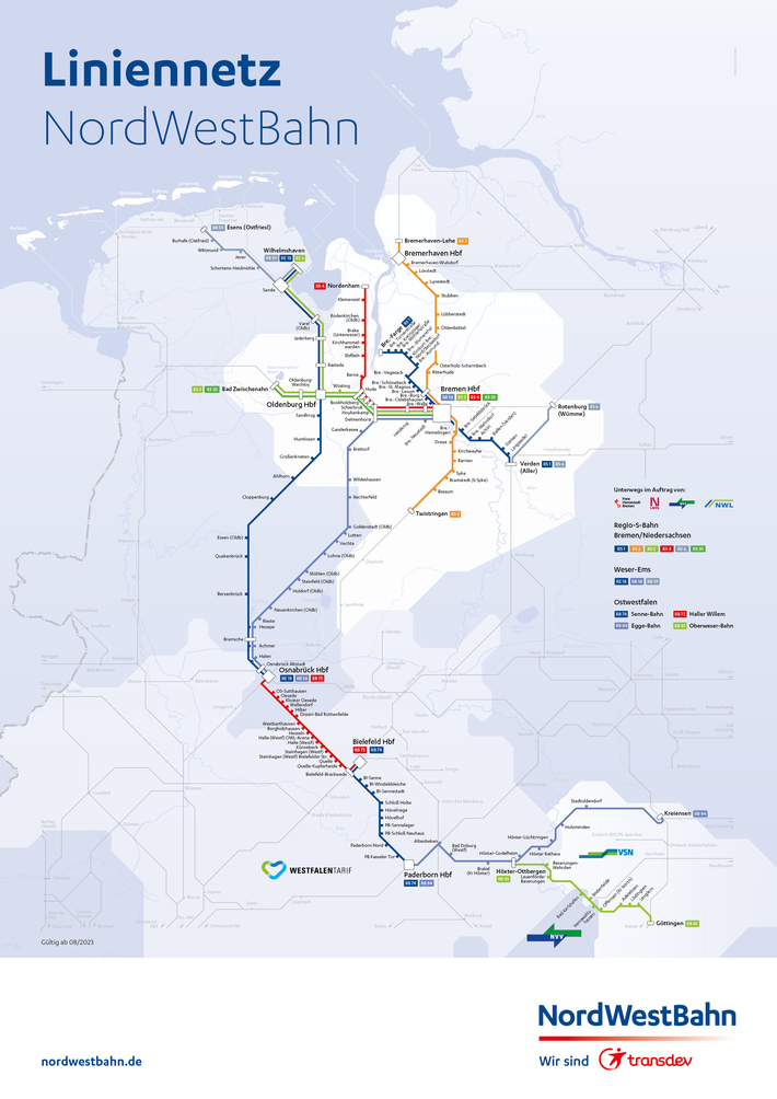 The NordWestBahn Route Network valid from 1.8.2023