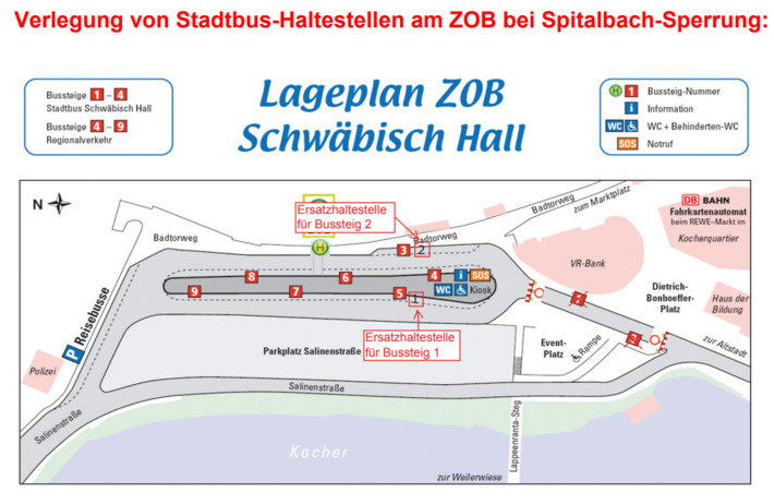 Lageplan ZOB Schwäbisch Hall bei Sperrung Spitalbach.
