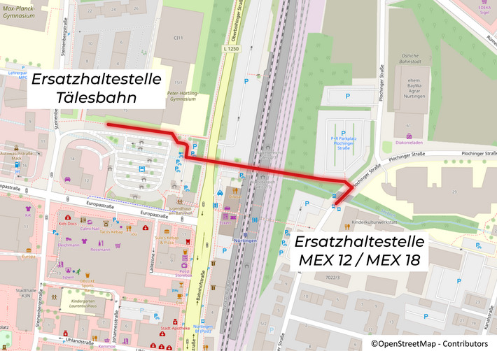 Karte des Fußwegs von der Ersatzhaltestelle der Tälesbahn zur Ersatzhaltestelle der MetropolExpresse der DB Regio